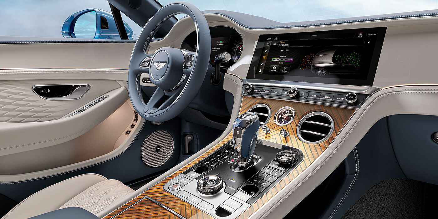 Bentley Guatemala New Bentley Continental GTC Azure convertible interior front cabin view with Linen and Brunel hides and Piano Linen by Mulliner veneer featuring centre console and centre MMI screen