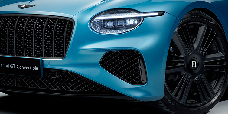 Bentley Guatemala New Bentley Continental GT Azure coupe bonnet detail with Blackline Specification including black grille and wheels with Light Windsor blue paint